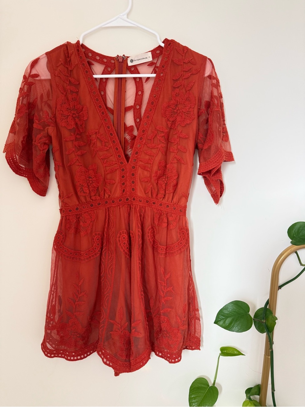Vintage Red Lace Boho Romper Deep V-neck